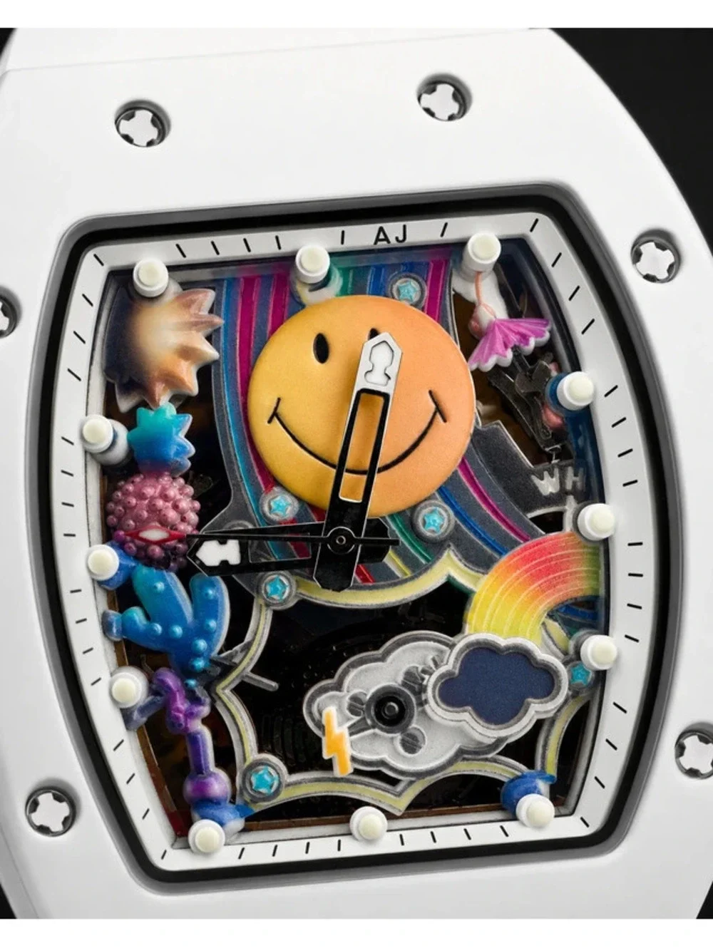 #546 AJ 42mm Automatic Skeleton Watch – White with Colorful Smiley Dial